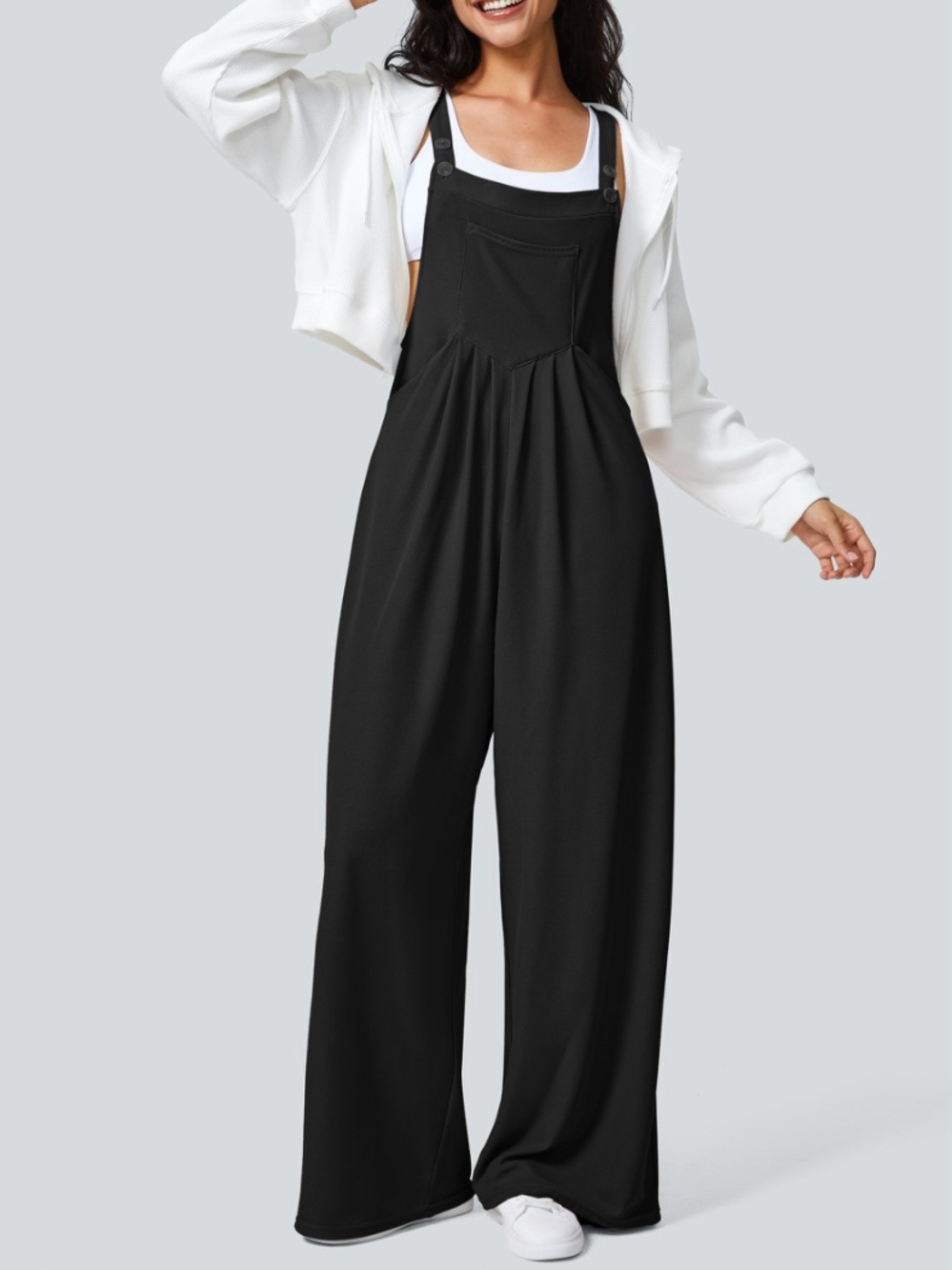 NWT Halara Waffle Casual Overalls Black Wide Leg Jumpsuit Size Small